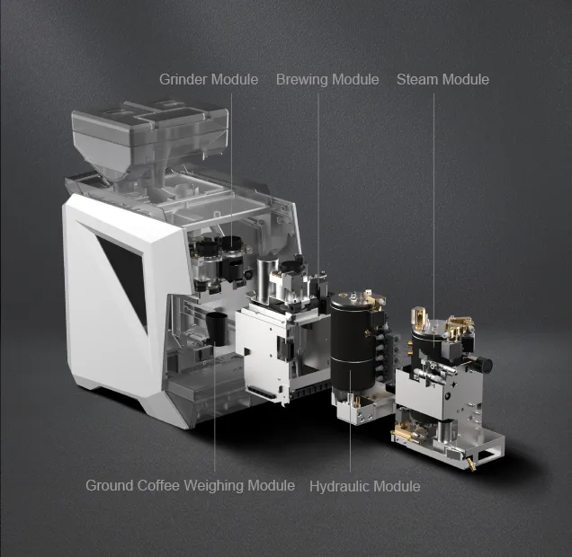 CAYE Smart X exploded modular design showing grinder brewing steam and hydraulic modules