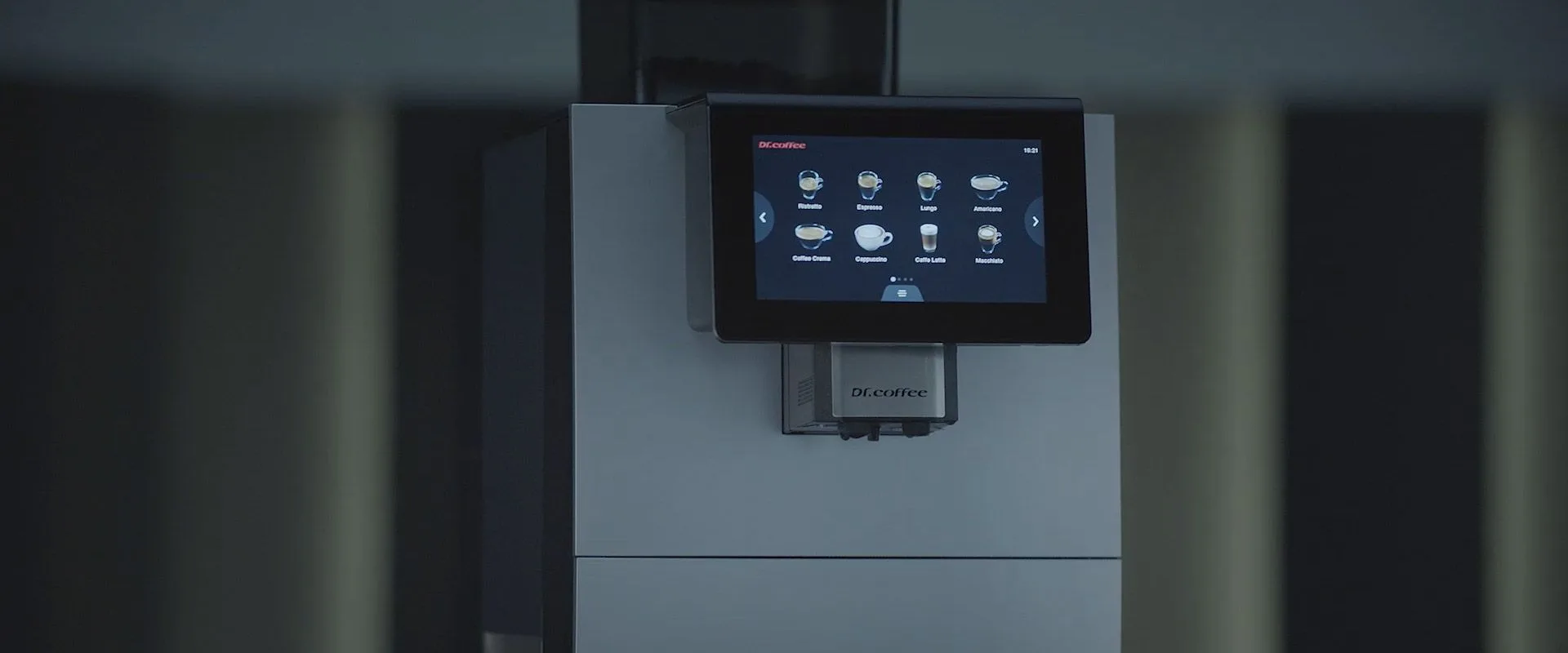Dr. Coffee F11 touchscreen showing the drink menu