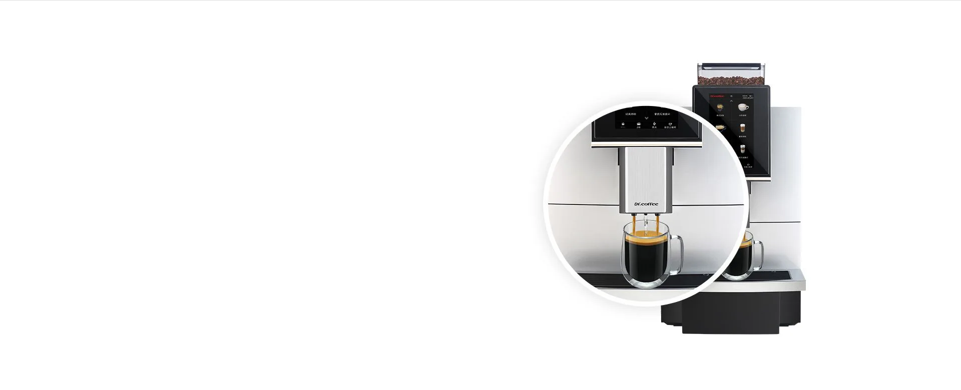 Dr. Coffee F12 double pumps bypath system dispensing two drinks simultaneously