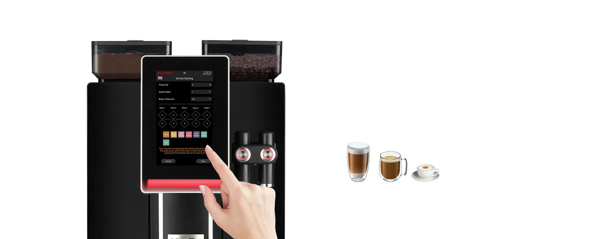 Dr. Coffee MiniBar S2 touchscreen recipe builder for original beverages